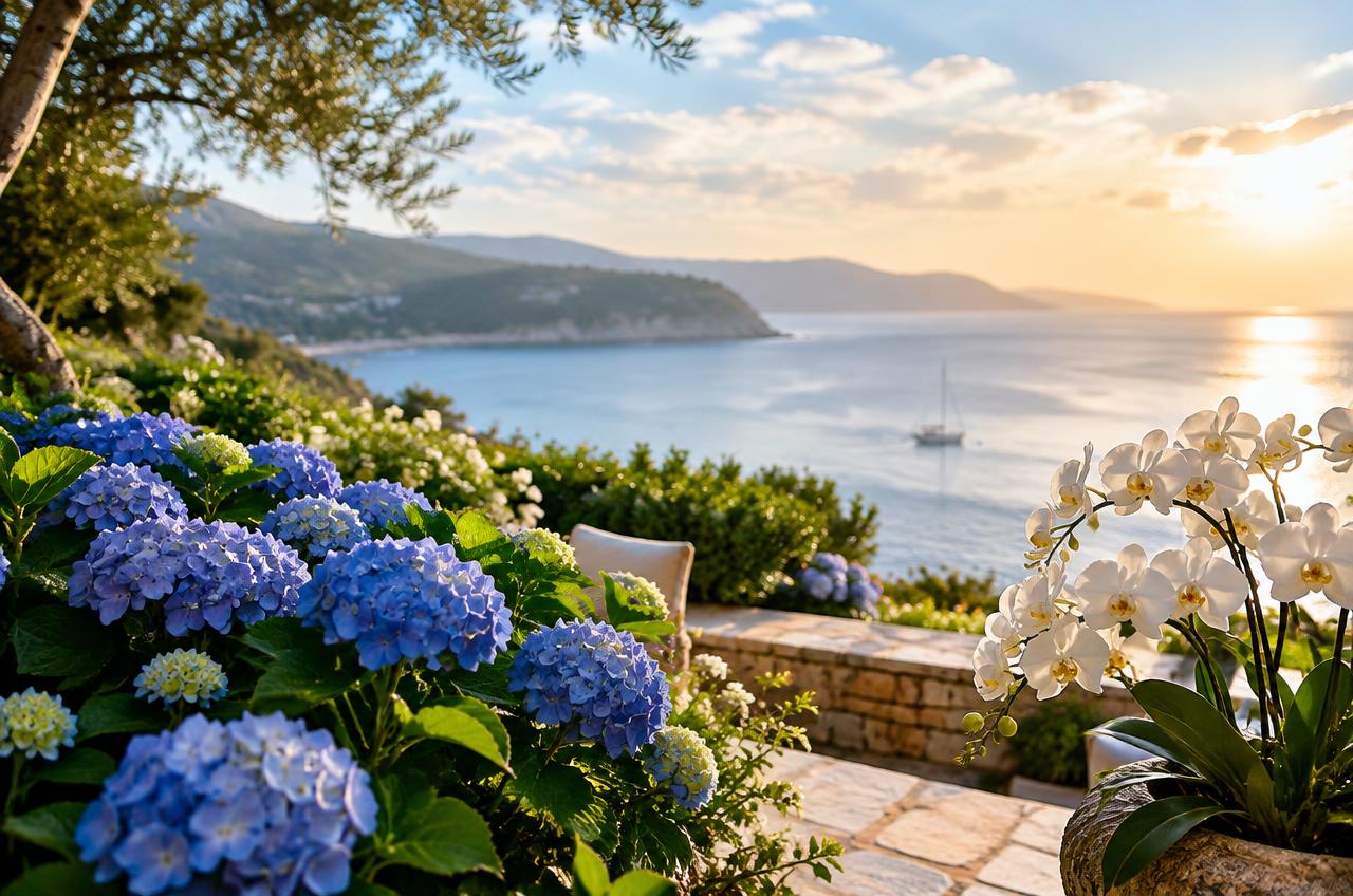 Blue hydrangeas and white orchids overlooking a sunlit bay