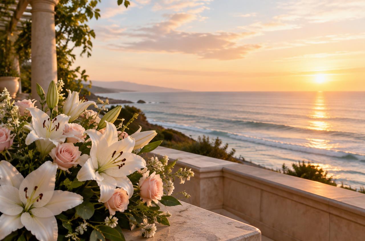 White lilies and roses beside a sunrise oceanfront terrace