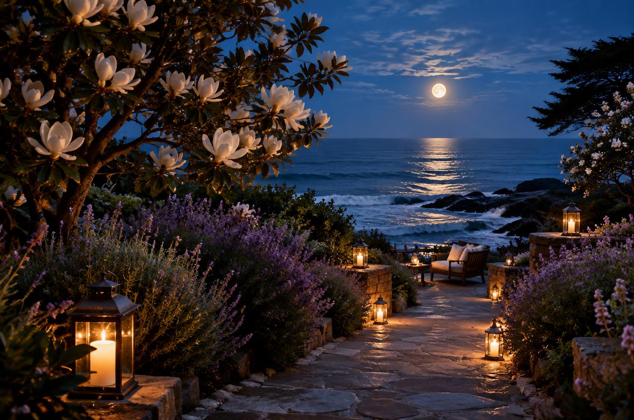 Magnolias and lavender beside a moonlit oceanfront garden path